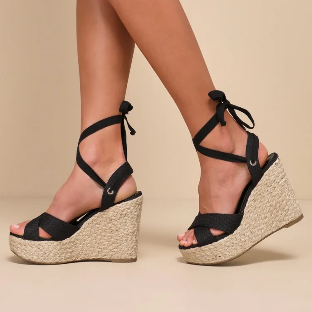 Lulu's Black Espadrille Ankle-Tie Wedge Sandals
